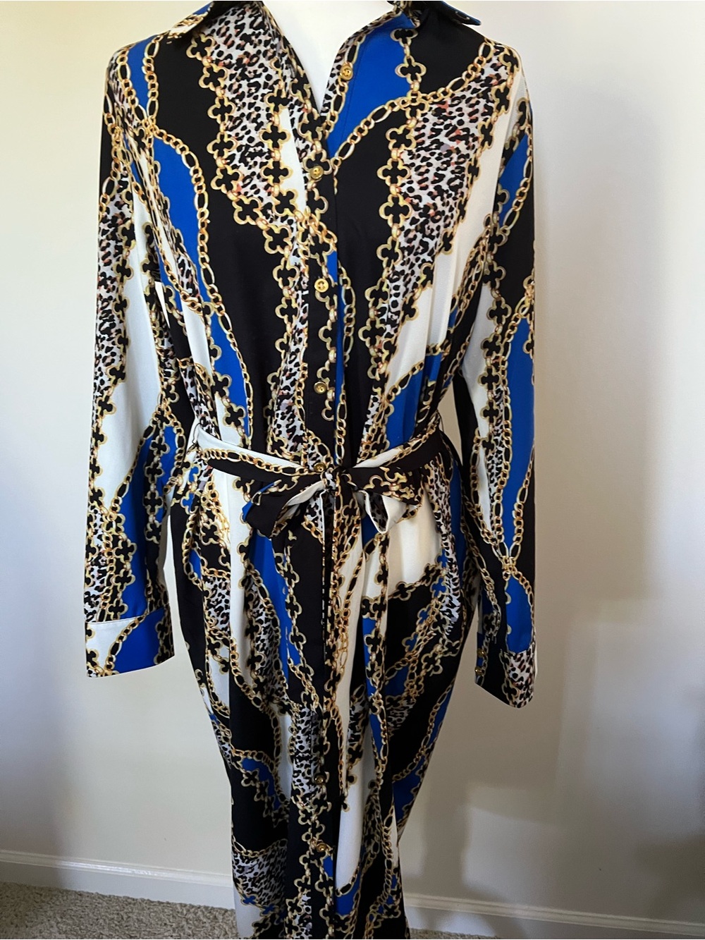 Alexia Admor Blue, Black & White Chain Print Tie-Waist Shirt Dress